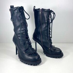 Tory Burch Trigg Black Pebbled Leather Mid Calf Rugged Stilleto Kiltie Boots 8.5